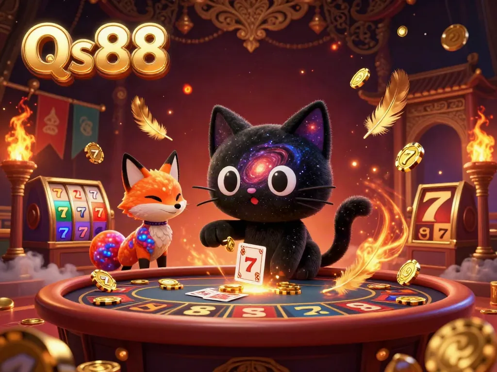 Engage in the cosmic casino experience with Qs88, featuring a black hole cat and nebula fox, amidst swirling golden chips and slot reels.