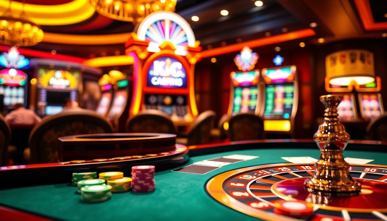 KJC gaming table with vibrant chips and cards in a luxurious casino setting.