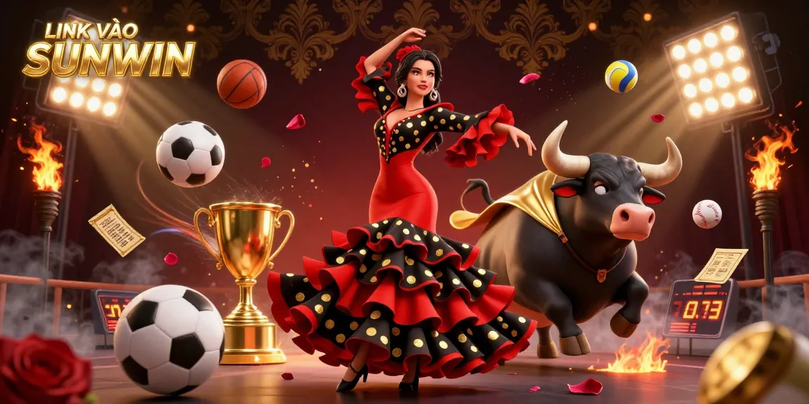 Experience LINK VÀO SUNWIN with this engaging 3D depiction of a flamenco dancer and a golden bull, enhancing the excitement of online gambling.