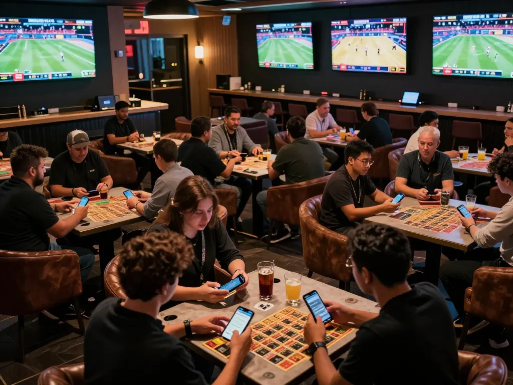 Sports fans engaging in lively betting activity at MM88 lounge with excitement visible