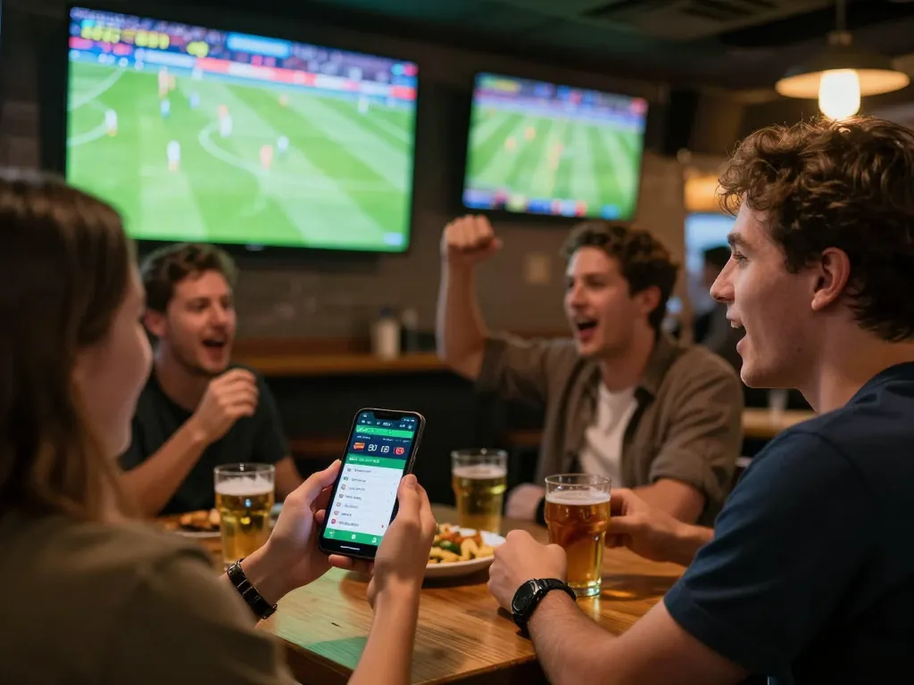 Fan placing bets on luong son tv during live football match at a lively sports bar.