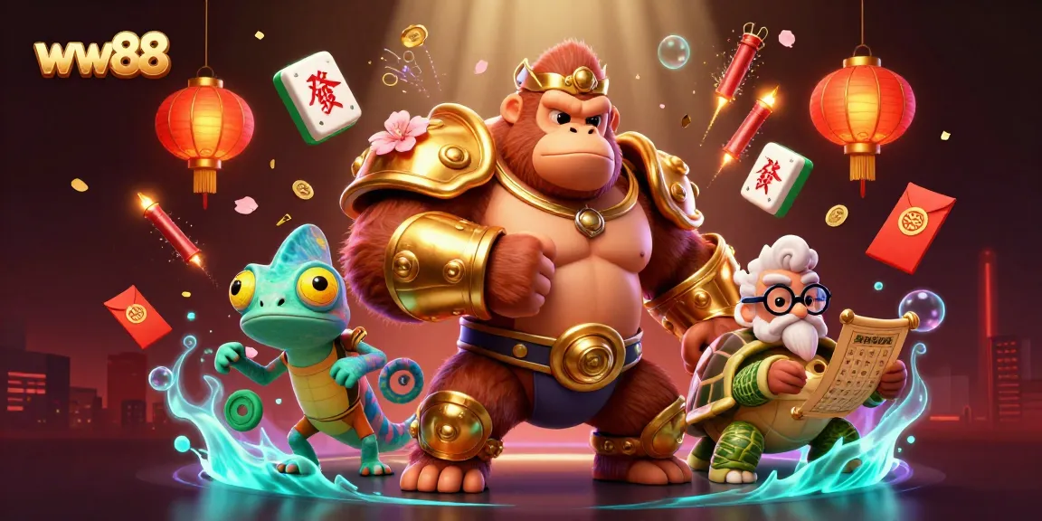 Experience the thrilling ambiance of ww88 with a powerful gorilla king, colorful chameleon, and wise tortoise in a rich casino scene.
