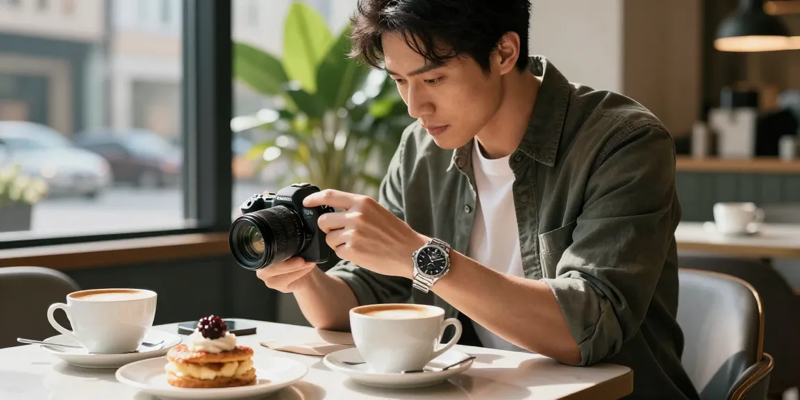 Examining luxury replica watches in a chic café setting, showcasing craftsmanship and style.