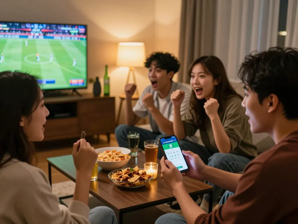 Friends enjoying live sports betting with keonhacai5 app on smartphone during an exciting game night.