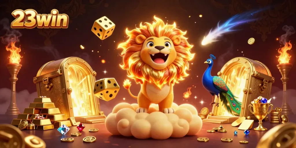Experience the thrill of 23win with golden dice and a roaring lion in a treasure-filled casino adventure.