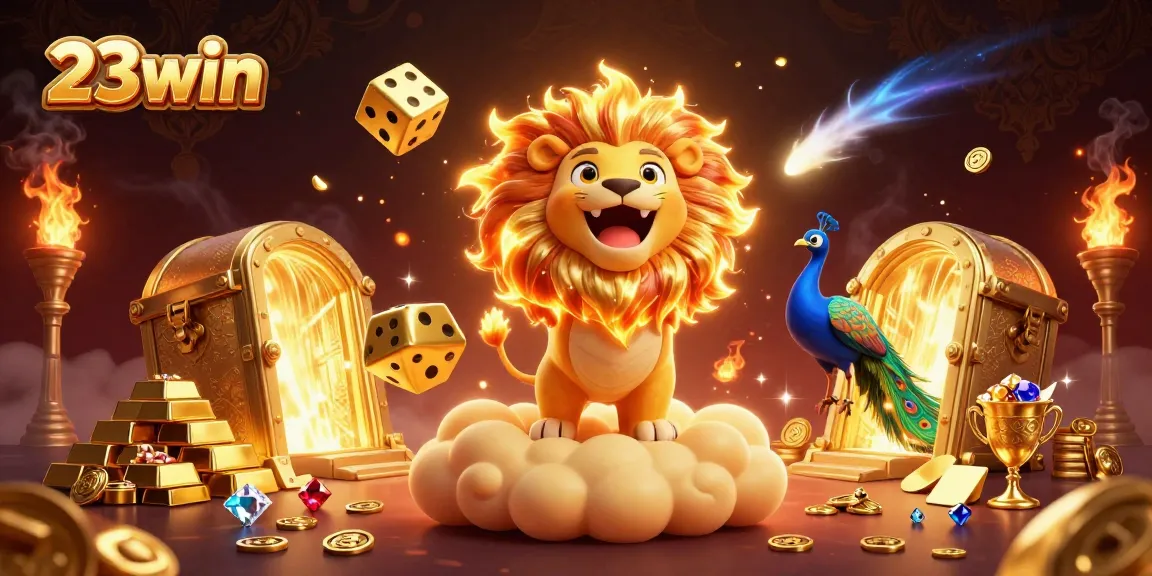 Experience the thrill of 23win with golden dice and a roaring lion in a treasure-filled casino adventure.