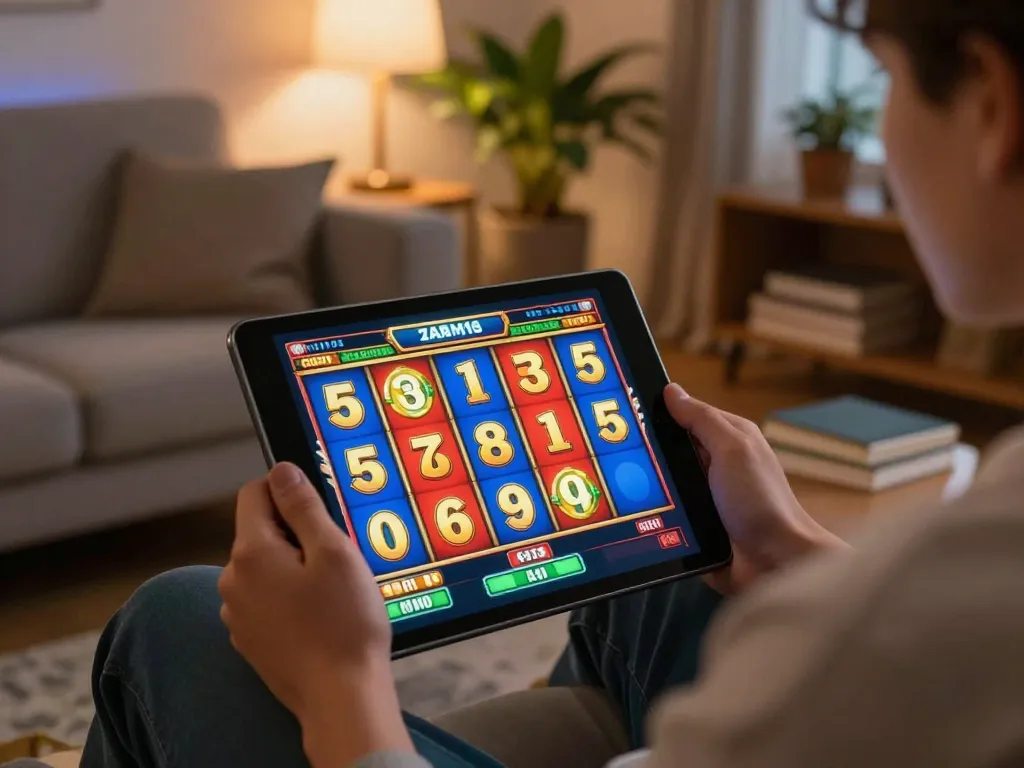 Engaging in online slots gaming at home with qq88 on tablet, cozy atmosphere.
