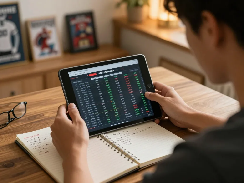 Person analyzing sports betting data with nhandinhkeonhacai notes on tablet, promoting strategic gambling.