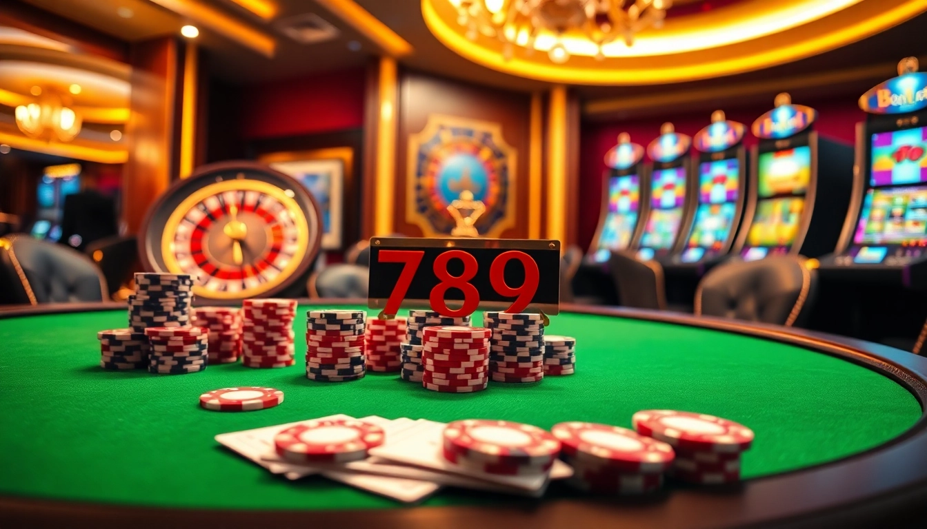 Experience the excitement of 789p with poker chips and a roulette wheel in a luxurious casino.