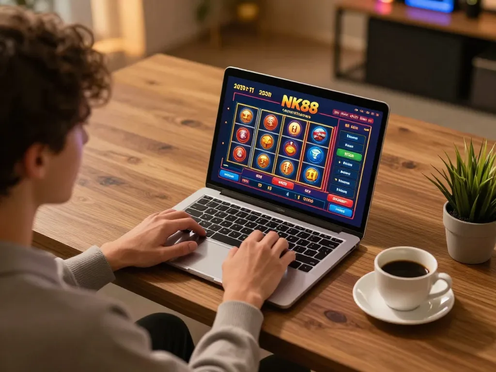 Play NK88 casino games on a laptop at home, showcasing online gambling strategy.
