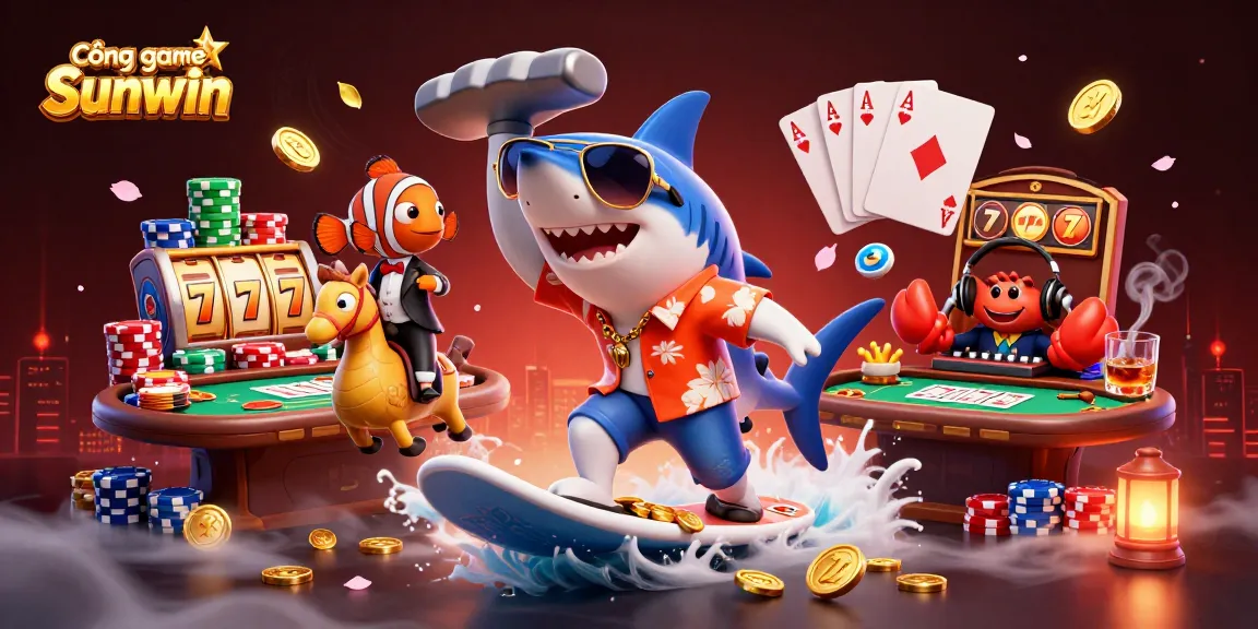 Cổng game Sunwin showcases an exciting 3D scene with a hammer-head shark and colorful casino elements, delivering thrilling gaming action.