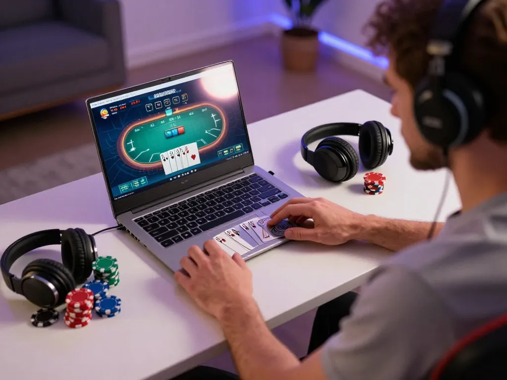 Win138 player analyzing poker strategies on a laptop during an intense online gaming session