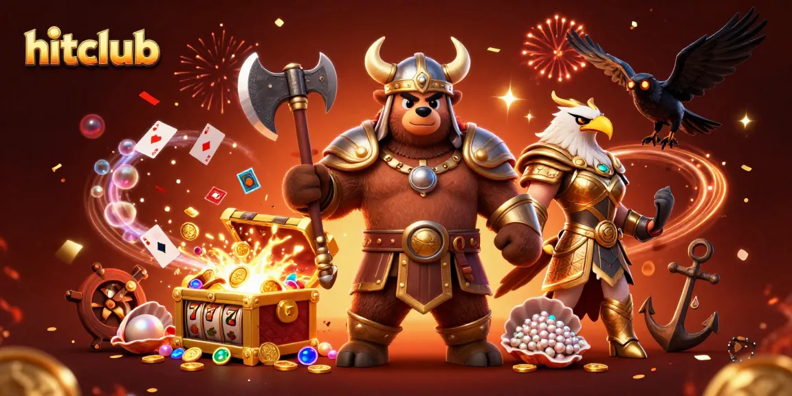 Experience winning with hitclub in a vibrant 3D casino illustration featuring casino games and dynamic characters.