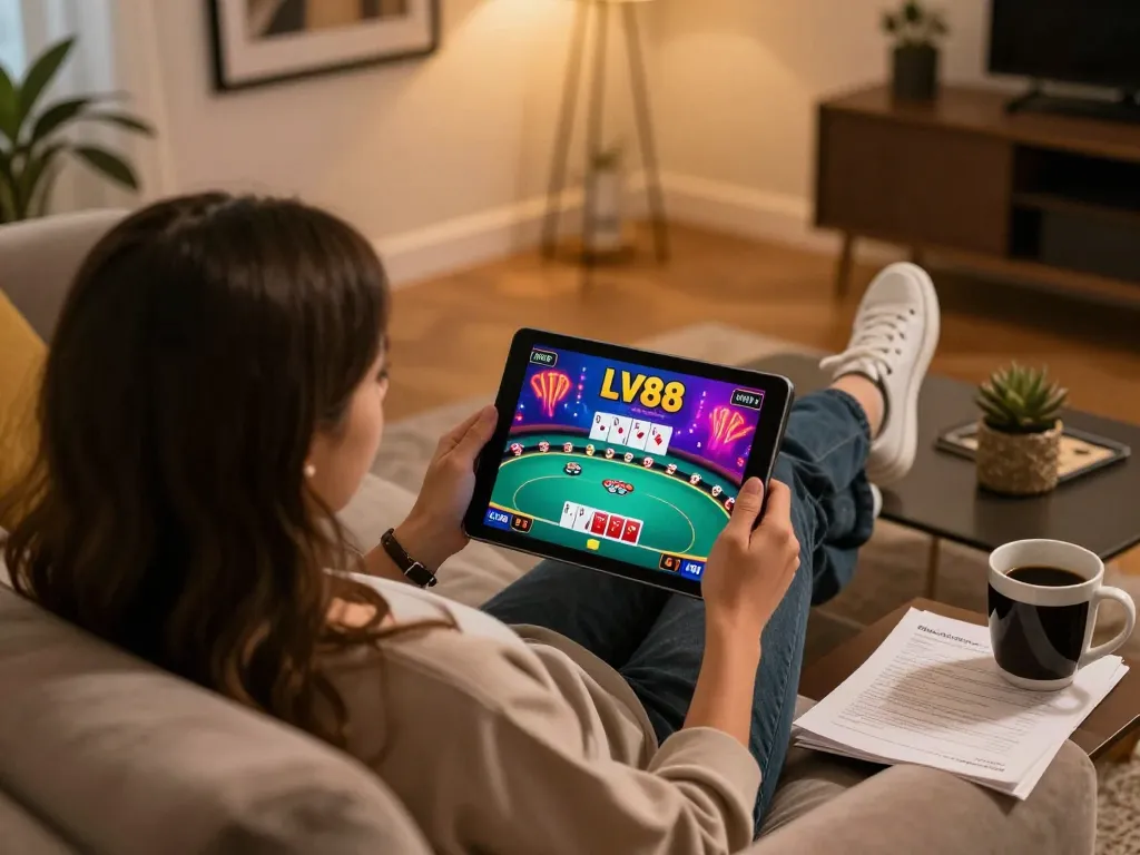 Player engaging with online poker on LV88 tablet in a cozy home setup, promoting responsible gambling.