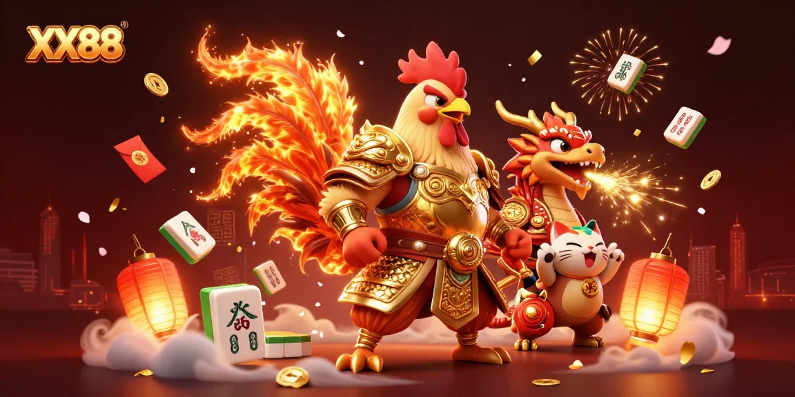 Get ready for exciting gaming moments with XX88, featuring a warrior rooster, dragon hatchling, and lots of festive elements.