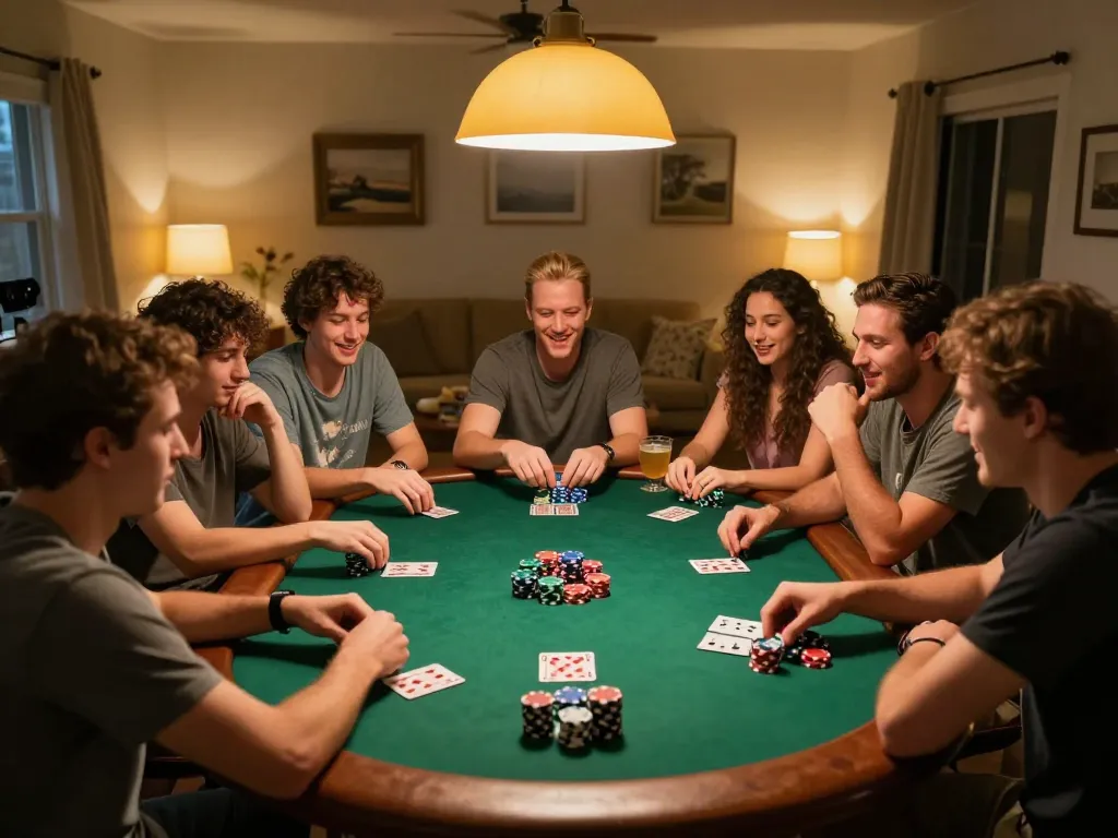 Engaged players enjoying a round of poker at home with 8EEE's gaming spirit