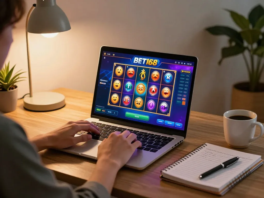 Engaged player enjoying a BET168 online casino game with strategy notes at their desk.