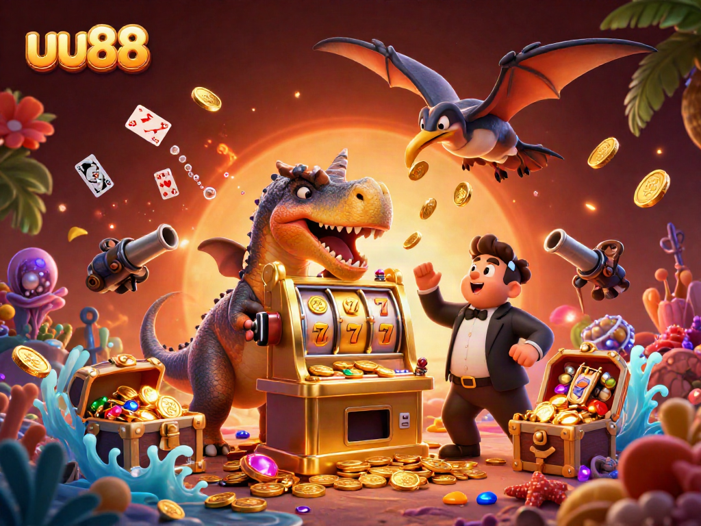 uu88 slot machine scene featuring a pachycephalosaurus, an ankylosaur, and a pteranodon in a dynamic casino setting.