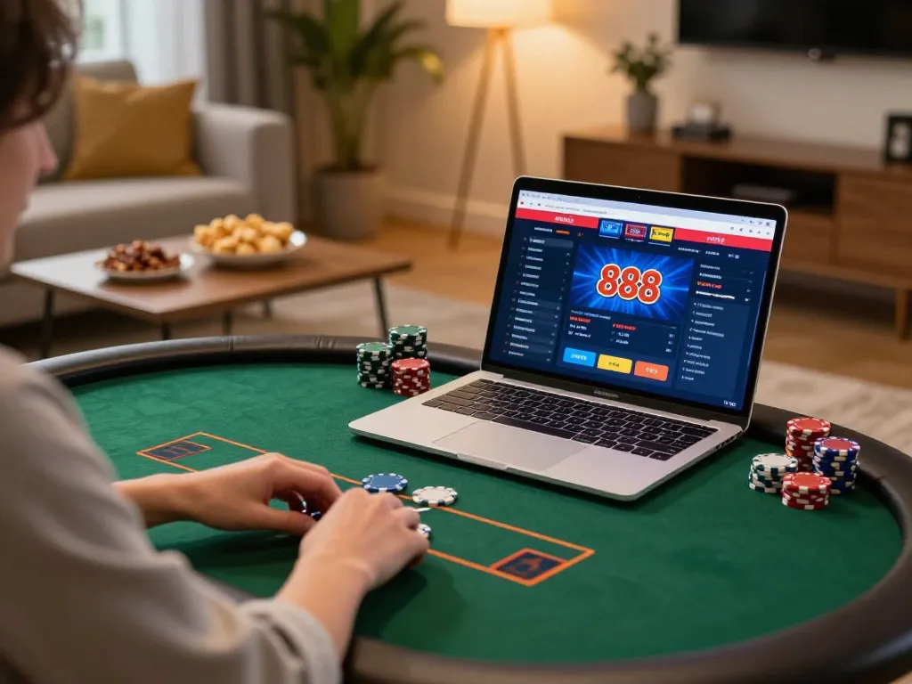 Engaging online poker gameplay at five888, showcasing a player placing virtual chips comfortably at home.