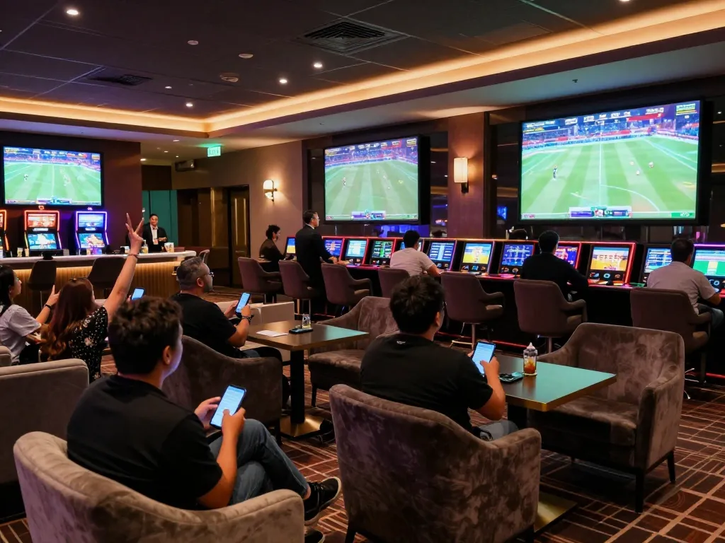 Experience thrilling sports betting at 89bet in a modern, vibrant lounge setting