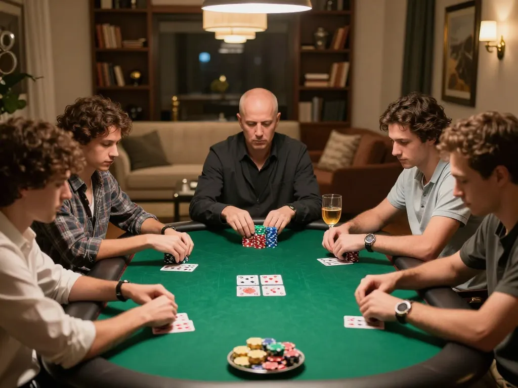 Players engage intensely in a high-stakes poker game at home with XX88 vibes and stylish ambiance
