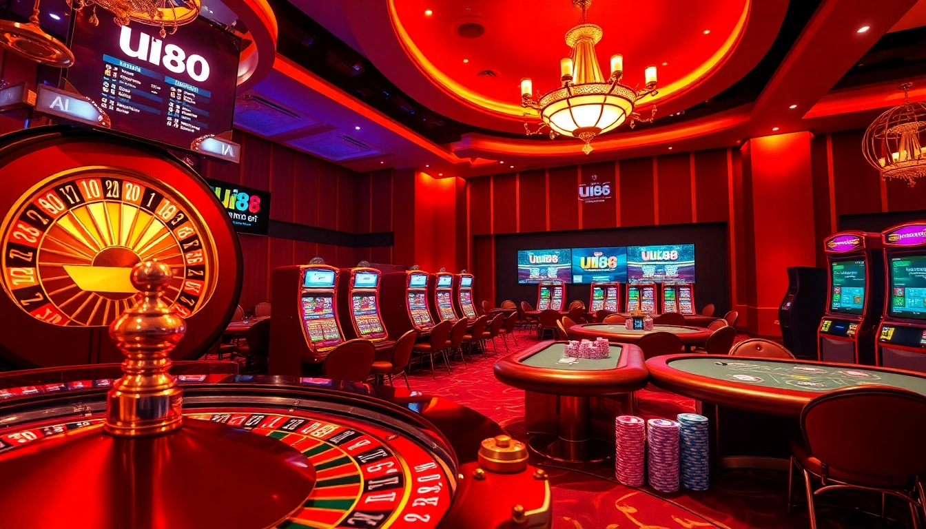Exciting gambling action at UU88's luxury casino with roulette and poker tables.