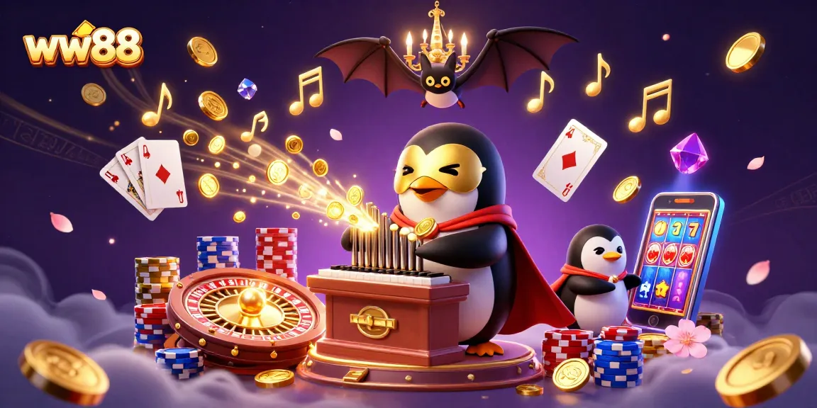 Win big at ww88 with a vibrant 3D casino scene featuring a penguin playing a golden organ and exciting game elements.