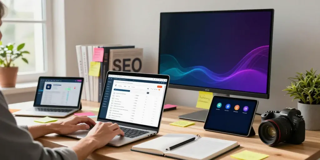 SEO specialist reviewing instant indexing metrics in a modern marketing workspace.