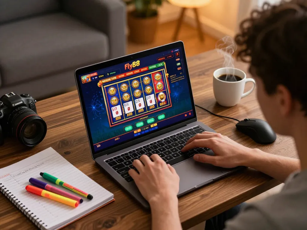 Join the excitement of fly88 online casino gaming with engaging gameplay on a cozy home laptop setup.