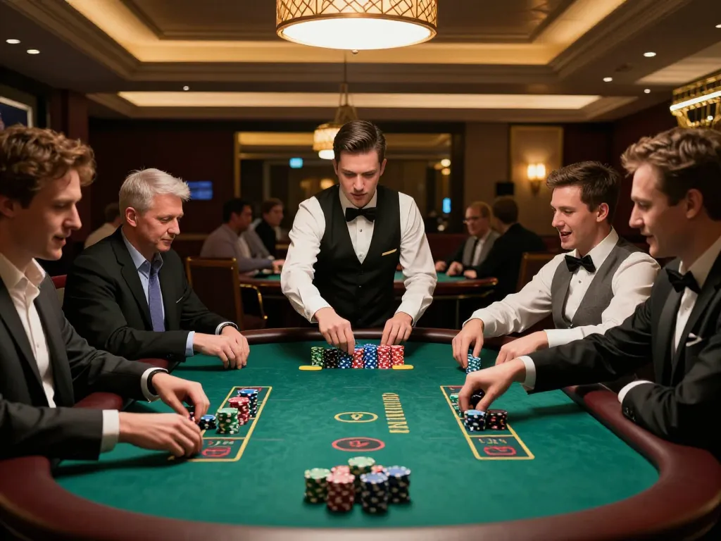 Engaged players strategizing during a 7m blackjack game in an upscale casino, vibrant atmosphere.