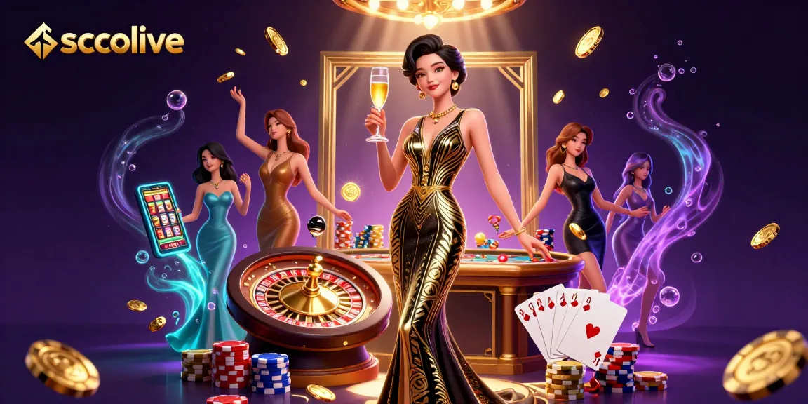 Socolive showcases an elegant scene with a glamorous Asian woman in a casino setting, surrounded by dynamic gambling elements.