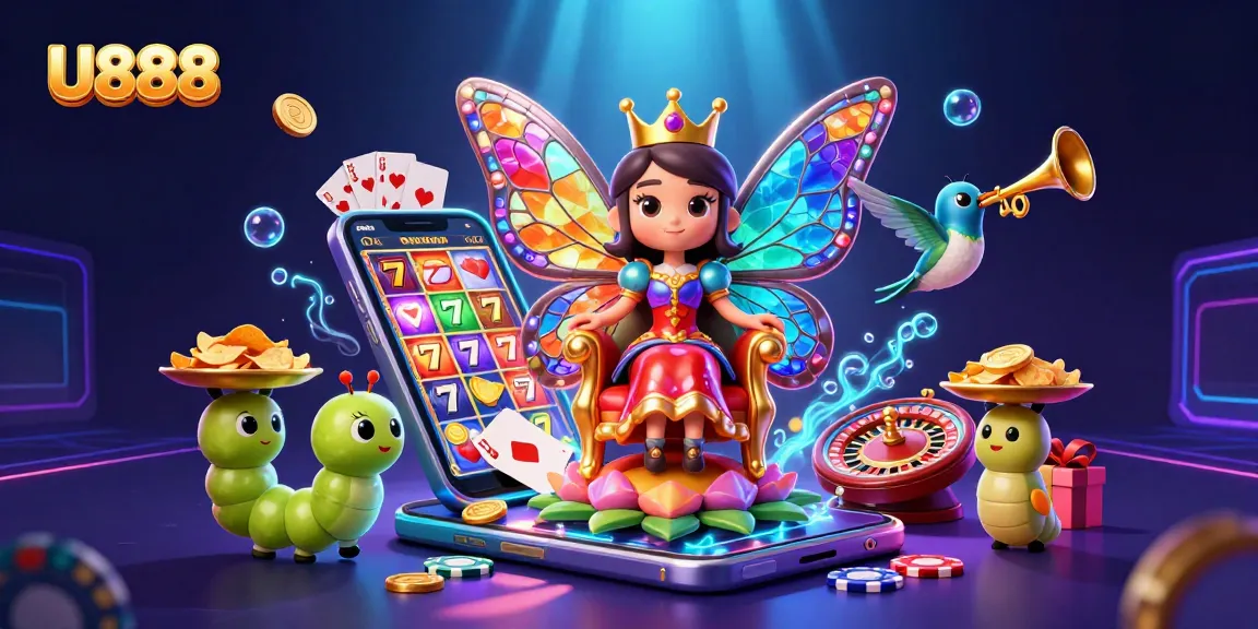 Engage with U888's vibrant casino experience featuring a butterfly queen and dynamic gaming elements.