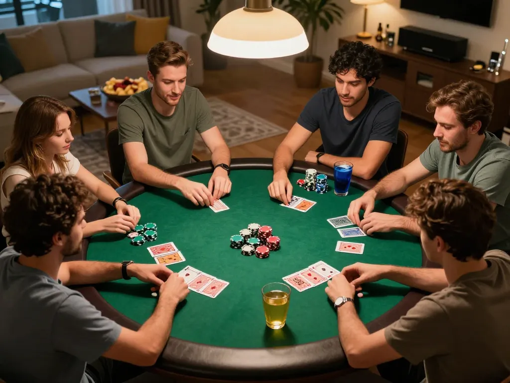 Engaging home poker scene showcasing a friendly game around the table, highlighting 789win action.
