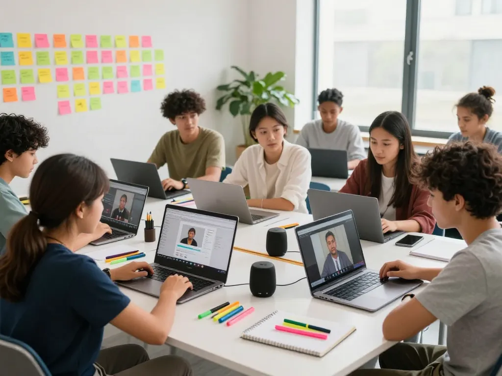 Students collaborating at digital workspaces for online learning on https://c168.date/, showcasing diversity and engagement.