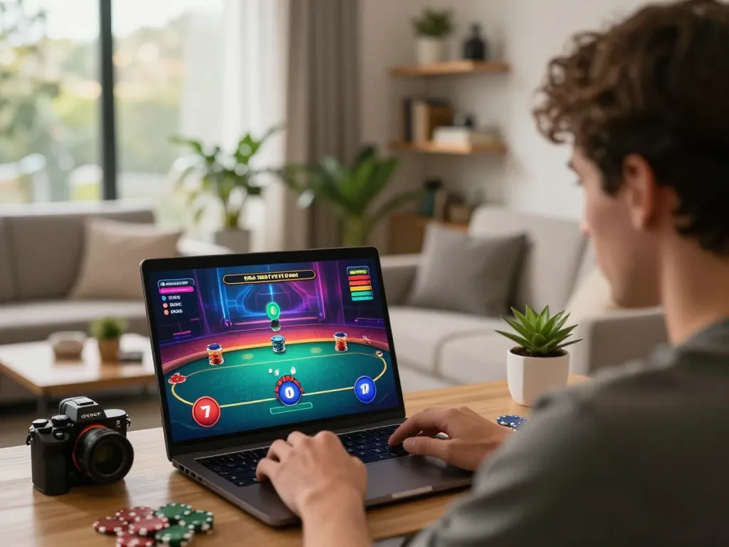 Player enjoying an exciting poker game at home, highlighting strategic tr88 gameplay.