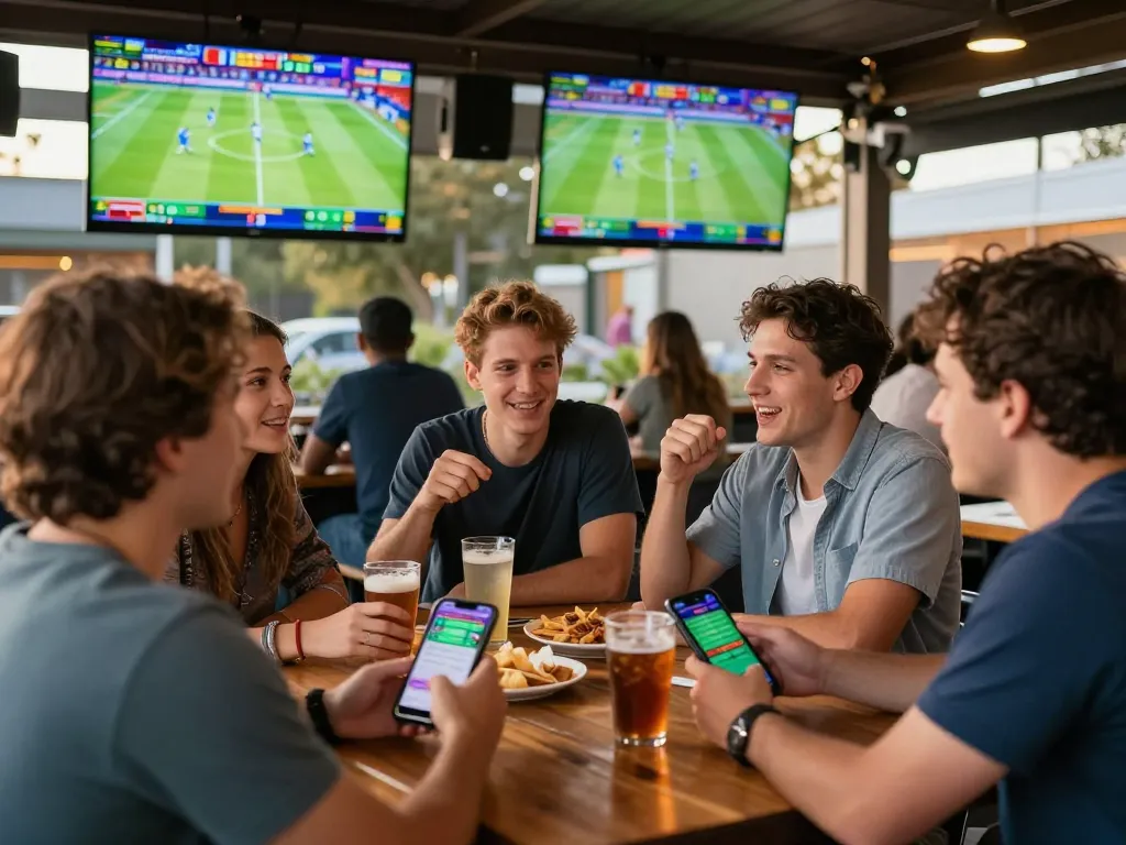 Engaged friends at a sports bar eagerly analyzing ผลบอล for strategic betting.