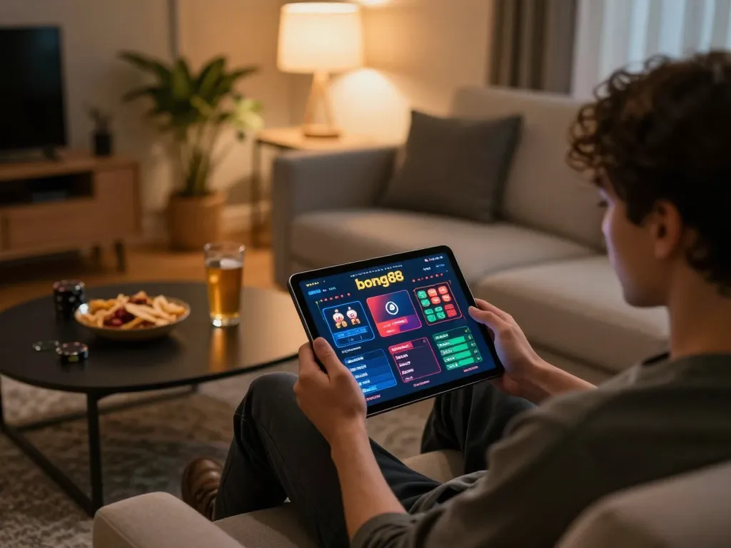 Bong88 player enjoying online betting interface in a cozy living room setup