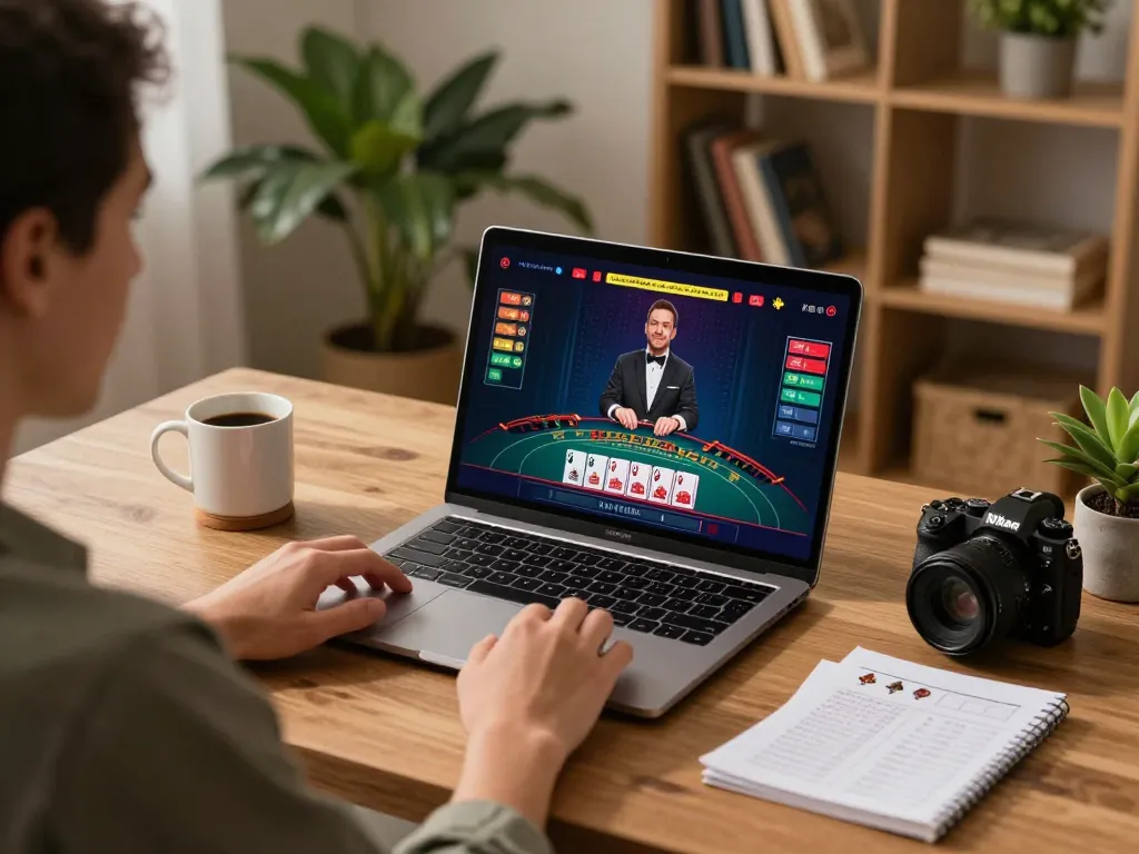 Engaging session on 789WIN with a vibrant live dealer blackjack game, showcasing a cozy home office