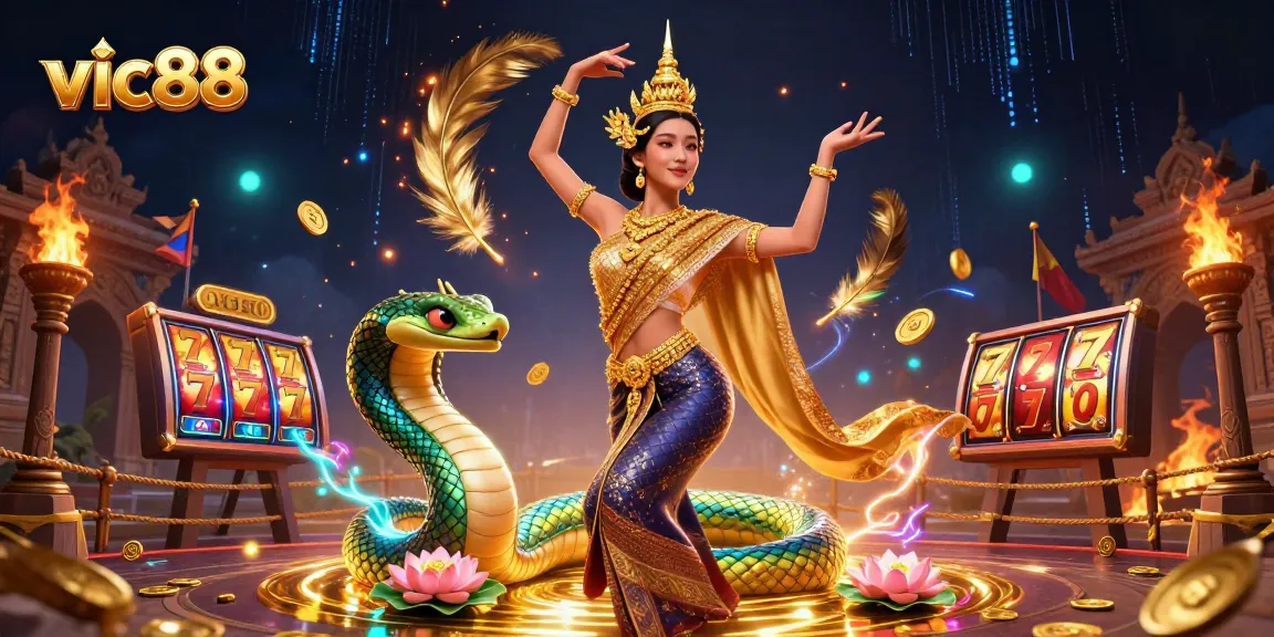 Experience the excitement of vic88 with a vibrant casino scene featuring traditional Thai culture and dynamic game elements.