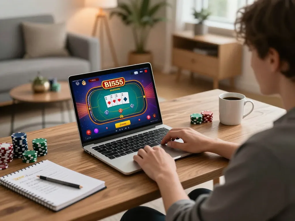 Engaging in a thrilling poker game on bl555 online amid a cozy home office