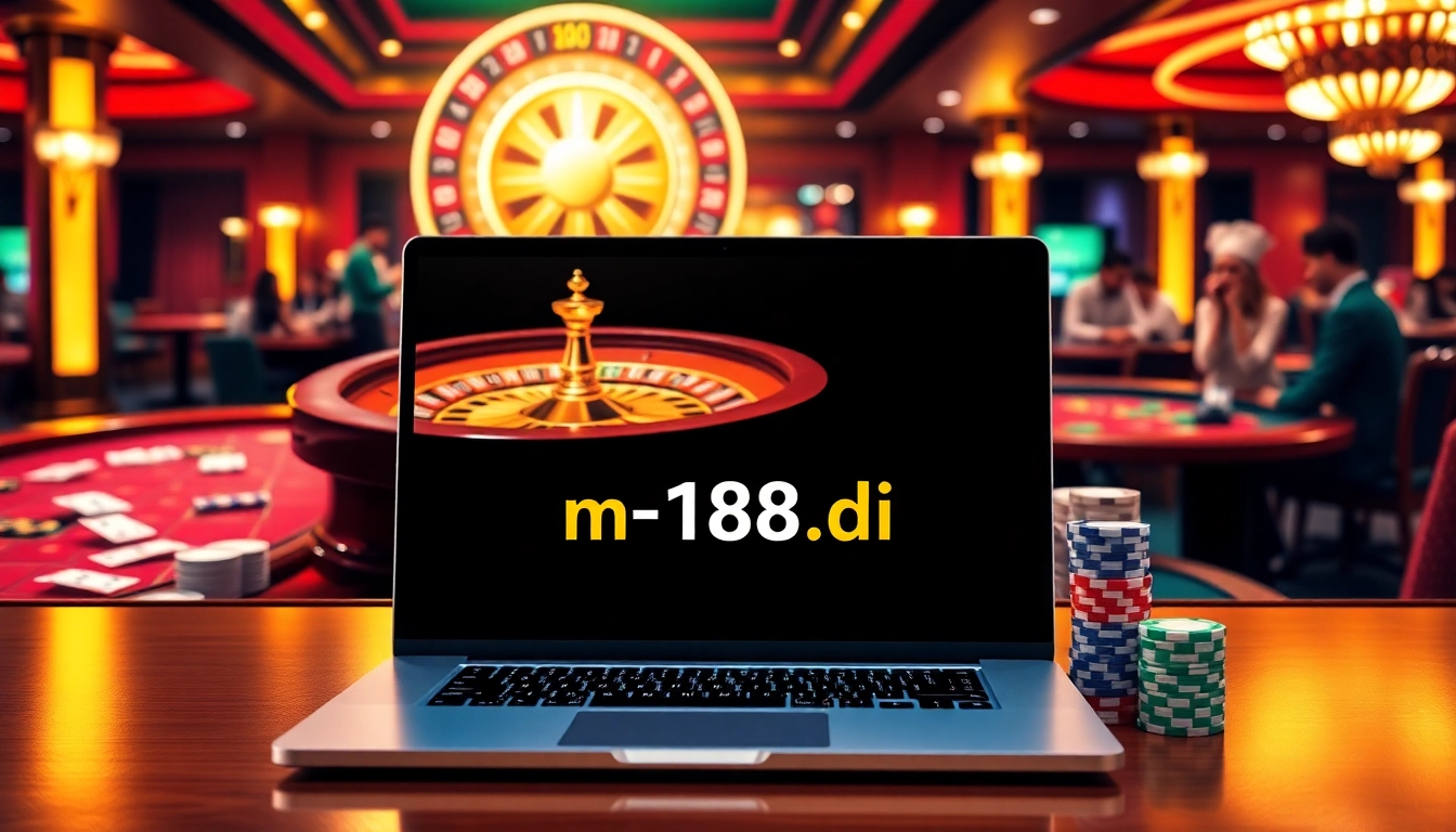 An exciting scene of online gambling at https://n188.bid/ featuring a roulette wheel and poker chips.