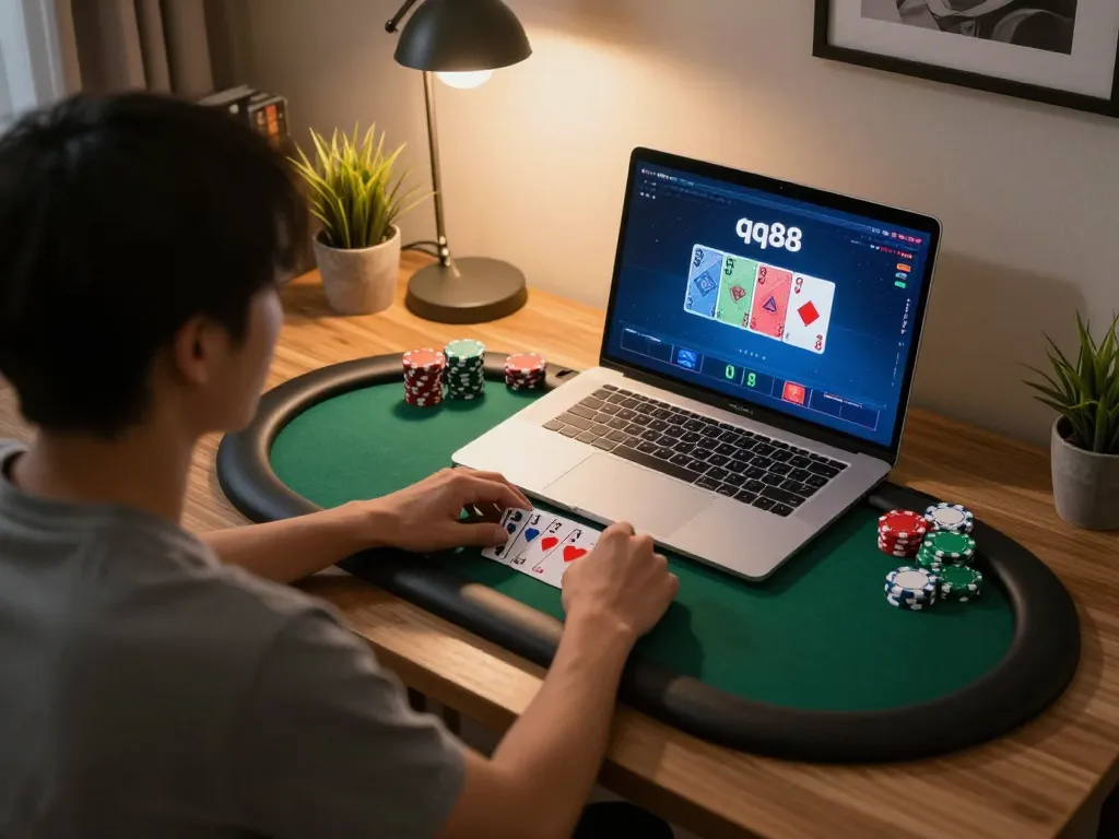 Engaging in strategic gameplay at qq88 using a laptop in a cozy home setting