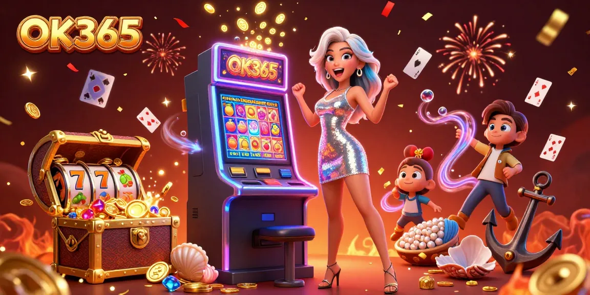 Spin and win at OK365's lively casino, featuring a celebratory atmosphere with slot machines.