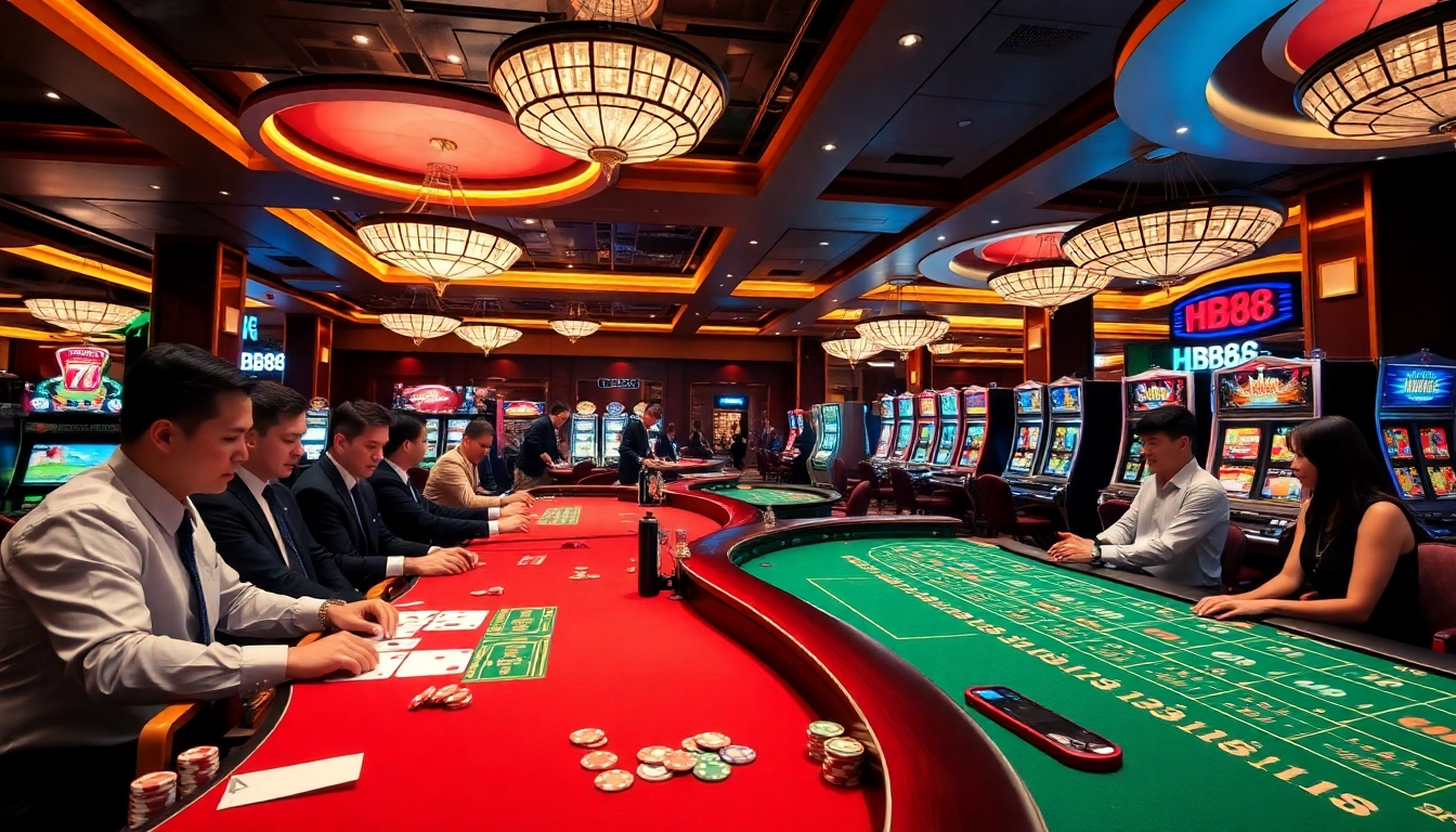 Players enjoying a thrilling experience at HB88 casino with vibrant tables and slot machines.