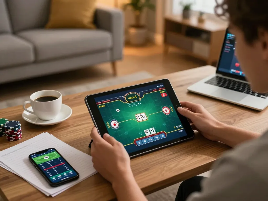 Engaged in a poker game on https://mm88.reisen/, a player strategizes with notes and coffee in a cozy home.