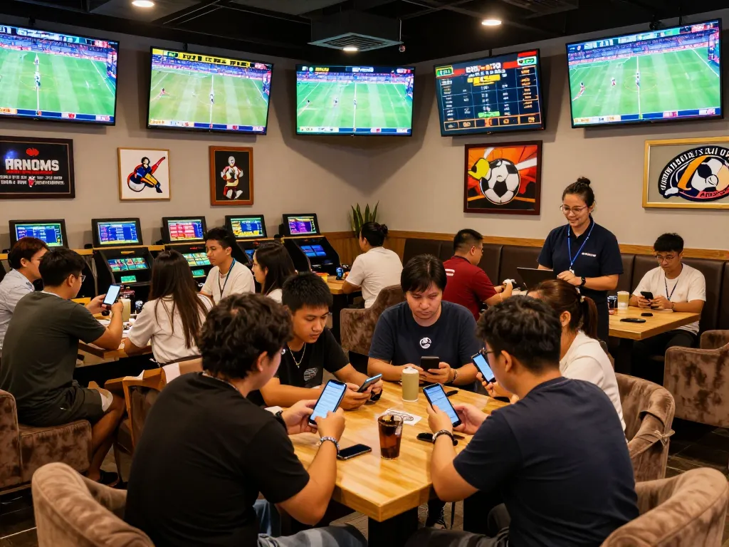 Dynamic scene of sports fans engaging in keo nha cai 5 betting at a modern lounge, screens showcasing live odds.