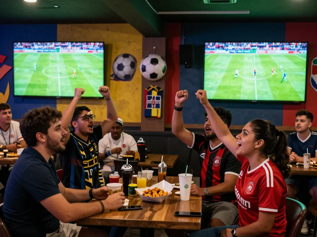 Fans enjoying football matches on Okwintv in a vibrant sports lounge environment