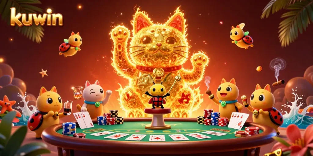 Experience the thrill of kuwin with vibrant casino elements and a lucky cat illustration.