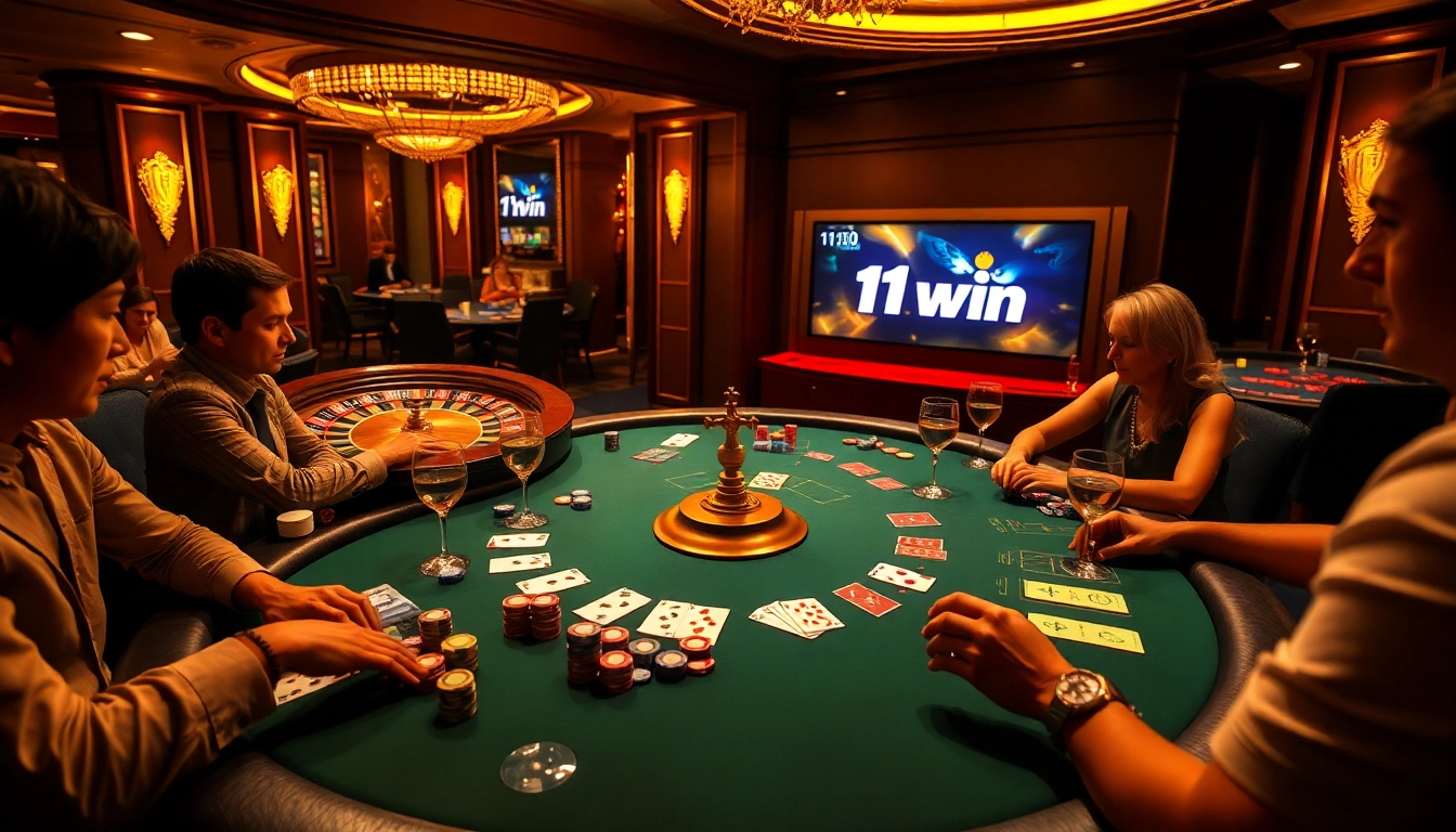Action-packed casino environment featuring 11win-themed poker games and vibrant betting elements.