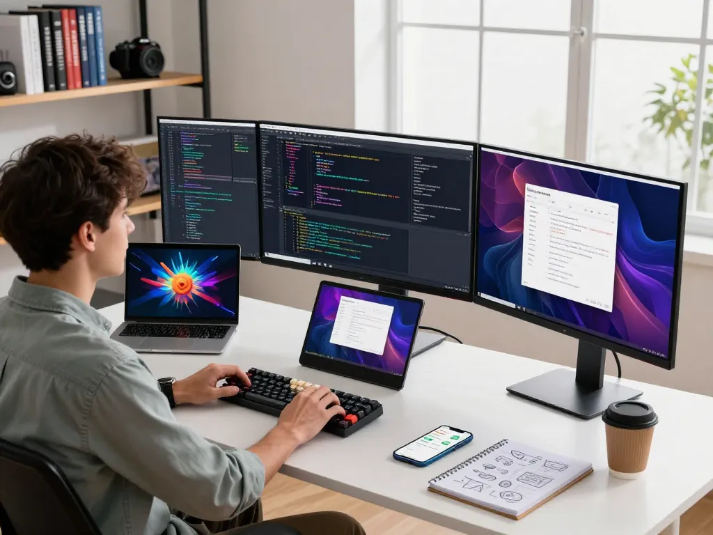 MoltBot personal AI assistant integrated into a modern developer workspace with multiple screens displaying code and automation tasks, showcasing a productive tech environment.